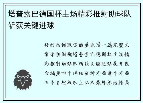 塔普索巴德国杯主场精彩推射助球队斩获关键进球