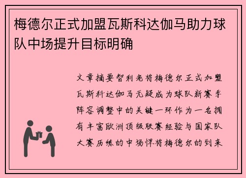 梅德尔正式加盟瓦斯科达伽马助力球队中场提升目标明确 梅德尔正式加盟瓦斯科达伽马助力球队中场提升目标明确